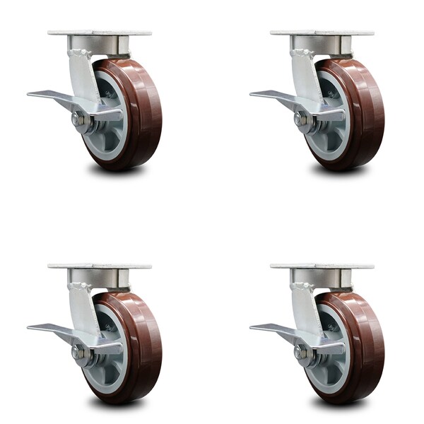 6 Inch Kingpinless Poly on Polyolefin Wheel Swivel Caster Set with Brakes SCC